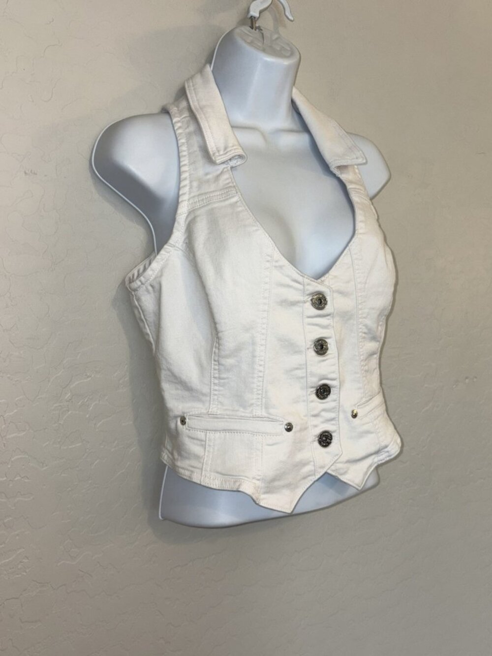 Y2K White Denim Corset Vest Button Front Halter Top with Faux Pockets Medium - Picture 2 of 6